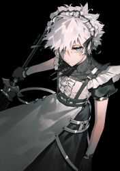 Rule 34 | 1boy, absurdres, alternate costume, apron, black footwear, black gloves, black ribbon, blue eyes, charles-henri sanson (fate), choker, closed mouth, commentary request, crossdressing, enmaided, expressionless, fate/grand order, fate (series), feet out of frame, frills, gloves, highres, holding, holding sword, holding weapon, looking at viewer, maid, maid apron, maid day, maid headdress, male focus, ribbon, ribbon choker, seiya ingen, short hair, short sleeves, solo, sword, twitter username, weapon, white hair