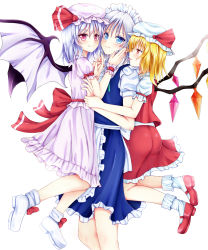 Rule 34 | 3girls, bad id, bad nicoseiga id, bat wings, blonde hair, blue dress, blue eyes, braid, colored eyelashes, dress, fang, fang out, flandre scarlet, floating, frilled legwear, frills, girl sandwich, hair between eyes, hands on another&#039;s face, hat, hat ribbon, highres, hug, hug from behind, izayoi sakuya, light purple hair, looking at another, looking at viewer, maid, maid headdress, mary janes, mob cap, muedo (seiga), multiple girls, pink dress, puffy short sleeves, puffy sleeves, red dress, red eyes, remilia scarlet, ribbon, sandwiched, shirt, shoes, short hair, short sleeves, side ponytail, silver hair, smile, tongue, tongue out, touhou, twin braids, vest, white shirt, wings, yuri