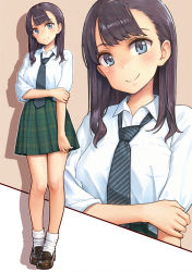 Rule 34 | 1girl, bare legs, black hair, black necktie, blue eyes, blush, brown footwear, checkered clothes, checkered skirt, closed mouth, collared shirt, full body, green skirt, hand on own arm, highres, kakinomai, loafers, long hair, looking at viewer, miniskirt, necktie, original, pleated skirt, shirt, shoes, short sleeves, skirt, smile, socks, solo, standing, striped necktie, striped neckwear, two-tone background, white shirt, white socks, wing collar, zoom layer