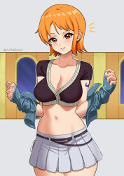Rule 34 | 1girl, blush, breasts, brown eyes, cleavage, collarbone, cowboy shot, crop top, cropped jacket, elpipe 3000, grin, hands up, highres, large breasts, midriff, miniskirt, nami (one piece), navel, notice lines, off shoulder, one piece, orange hair, parted lips, pleated skirt, short hair, shoulder tattoo, skirt, smile, solo, stomach, tattoo, white skirt