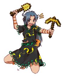 Rule 34 | 1girl, belly chain, belt, bow, chain, minecraft pickaxe, gold, grey eyes, grey hair, grey shirt, grey skirt, himemushi momoyo, holding, holding pickaxe, holding shovel, jewelry, long hair, minecraft, mullet, multicolored clothes, multicolored shirt, multicolored skirt, multicolored tail, orange bow, patterned clothing, pickaxe, pome grnt29, ring, shirt, shovel, skirt, solo, tail, tools, touhou, yellow shirt, yellow skirt