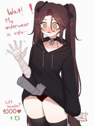 Rule 34 | 1girl, 1other, absurdres, assisted exposure, bandaged arm, bandages, bandaid, bare shoulders, black bow, black choker, black hoodie, blush, bow, breasts, brown eyes, brown hair, choker, cleavage, collarbone, cowboy shot, disembodied hand, english text, hair between eyes, heart, heart-shaped pupils, heart choker, highres, hood, hoodie, large breasts, long hair, meme, motion lines, narrowed eyes, open mouth, original, panties, pantyshot, red panties, simple background, sky above me, solo focus, surprised, swept bangs, symbol-shaped pupils, thighhighs, twintails, twitter strip game (meme), underwear, very long hair, white background, zettai ryouiki