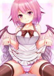 Rule 34 | 1girl, animal ears, blush, bow, breasts, cameltoe, clothes lift, collarbone, ebi 193, female focus, lace, lace-trimmed panties, lace trim, mystia lorelei, panties, pink eyes, pink hair, purple panties, pussy, short hair, skirt, skirt lift, smile, solo, striped clothes, striped panties, thighhighs, thighs, touhou, underwear, wings