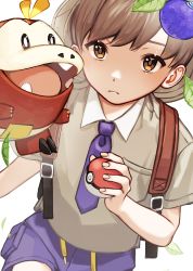 Rule 34 | 1boy, absurdres, berry (pokemon), brown eyes, brown hair, closed mouth, collared shirt, commentary request, creatures (company), fingernails, florian (pokemon), frown, fuecoco, game freak, highres, hiiragi hizasi, holding, holding poke ball, leaf, looking at viewer, male focus, necktie, nintendo, poke ball, poke ball (basic), pokemon, pokemon sv, purple necktie, purple shorts, shirt, short sleeves, shorts, strap