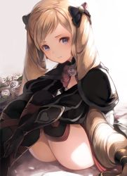 Rule 34 | 1girl, bad id, bad pixiv id, black gloves, black thighhighs, blonde hair, blush, bow, elise (fire emblem), fire emblem, fire emblem fates, flower, gloves, hair bow, long hair, looking at viewer, nintendo, purple eyes, riku (wana), rose, sitting, solo, thighhighs, thighs, twintails, very long hair, white flower, white rose