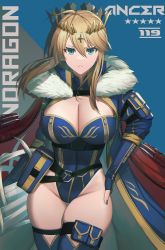 Rule 34 | 1girl, absurdres, ahoge, artoria pendragon (fate), artoria pendragon (lancer) (fate), blonde hair, blue background, blue coat, blue gloves, blue leotard, blue nails, blue thighhighs, blush, braid, breasts, character name, cleavage, cleavage cutout, closed mouth, clothing cutout, coat, commentary request, contemporary, contrapposto, cowboy shot, crown, dolce (dolsuke), fate/grand order, fate (series), french braid, frown, fur trim, gloves, green eyes, groin, hair between eyes, hand on own hip, heattech leotard, highleg, highleg leotard, highres, huge breasts, large breasts, leotard, long hair, long sleeves, looking at viewer, nail polish, serious, sidelocks, skindentation, solo, star (symbol), star print, thighhighs, thighs, turtleneck
