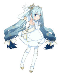 Rule 34 | 1girl, adjusting clothes, adjusting headwear, agonasubi, arm up, blue eyes, blue hair, boots, borrowed design, commentary, crown, detached sleeves, dress, elbow gloves, finger to own chin, full body, gloves, gold trim, gradient hair, hand up, hatsune miku, head tilt, index finger raised, knee boots, light blue hair, long hair, looking at viewer, multicolored hair, puffy detached sleeves, puffy sleeves, ribbon, smile, snowflake print, solo, standing, striped ribbon, twintails, very long hair, vocaloid, white background, white dress, white footwear, white gloves, white sleeves, yuki miku, yuki miku (2019) (candidate no.6)
