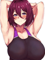 Rule 34 | 1girl, armpits, arms up, breasts, character request, copyright request, hair between eyes, highres, large breasts, looking at viewer, medium hair, mon (manarestra), one-piece swimsuit, purple eyes, purple hair, simple background, solo, sweat, swimsuit, symbol-only commentary, upper body, white background