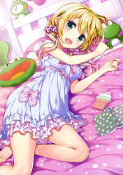 Rule 34 | 1girl, :d, absurdres, bare legs, barefoot, bed sheet, blonde hair, blue eyes, blue frills, blue nightgown, breasts, clock, collarbone, frilled nightgown, frills, fujima takuya, hair between eyes, hair ornament, hair scrunchie, heart, highres, laki station, large breasts, layered nightgown, looking at viewer, low twintails, nightgown, nijikawa laki, notebook, official art, on bed, open mouth, pillow, pink lips, pink polka dots, pink ribbon, poking, polka dot, polka dot bed sheet, polka dot nightgown, polka dot scrunchie, print pillow, ribbon, scan, scrunchie, smile, solo, spaghetti strap, star (symbol), strap slip, striped ribbon, stuffed animal, stuffed frog, stuffed toy, tongue, twintails, virtual youtuber, white frills, white nightgown, white polka dots, white scrunchie, white stripes