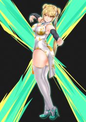 Rule 34 | 1girl, absurdres, blonde hair, blush, breasts, china dress, chinese clothes, cleavage, dress, fighting stance, full-body blush, hair ornament, high heels, highres, kung fu, large breasts, longpao, martial arts, miao clothes, mythra (xenoblade), non-web source, robe, self-upload, skirt, smile, xenoblade chronicles (series), xenoblade chronicles 2