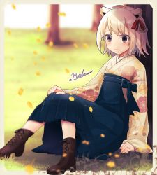 Rule 34 | 1girl, :3, against tree, alternate costume, animal ears, ankle boots, bear ears, blurry, boots, brown eyes, commentary request, cross-laced footwear, day, depth of field, falling leaves, floral print, full body, grass, grey hair, hakama, hand on own knee, highres, indie virtual youtuber, japanese clothes, kimino, knees up, kumagai chisato, leaf, leather, leather boots, looking at viewer, medara, medium hair, meiji schoolgirl uniform, outdoors, partial commentary, photo (object), signature, sitting, smile, solo, tree, virtual youtuber, weeds