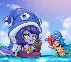 Rule 34 | 2girls, bare shoulders, blue hair, blue headwear, cloud, collarbone, colored skin, day, diving mask, diving mask on head, flower, goggles, goggles on head, green eyes, green one-piece swimsuit, hair flower, hair ornament, heterochromia, inflatable armbands, innertube, league of legends, looking at viewer, lulu (league of legends), multiple girls, ocean, octopus hat, one-piece swimsuit, outdoors, phantom ix row, pink flower, pool party lulu, pool party zoe, purple eyes, purple skin, swim ring, swimsuit, water, yordle, zoe (league of legends)