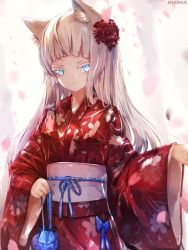 Rule 34 | 1girl, animal ear fluff, animal ears, artist name, awp (girls&#039; frontline) (nekoya (liu)), blue eyes, closed mouth, colored eyelashes, commentary request, floral print, flower, girls&#039; frontline, hair flower, hair ornament, highres, japanese clothes, kimono, long hair, long sleeves, looking at viewer, nekoya (liu), obi, original, petals, print kimono, red flower, red kimono, resolution mismatch, sash, signature, silver hair, sleeves past wrists, solo, source smaller, upper body, very long hair, wide sleeves
