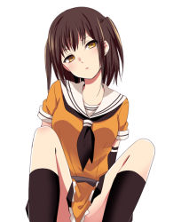 Rule 34 | 10s, 1girl, black gloves, black legwear, blush, brown hair, elbow gloves, gloves, ica, kantai collection, looking at viewer, personification, school uniform, sendai (kancolle), serafuku, simple background, skirt, solo, twintails, two side up, white background, yellow eyes