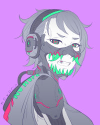 Rule 34 | + +, 1girl, aqua eyes, artist name, black hair, breasts, clenched teeth, clothes writing, cyberpunk, fang, flat color, from side, headphones, hood, hood down, joints, koyorin, looking at viewer, looking to the side, mask, medium breasts, open mouth, original, pink eyes, portrait, purple background, robot joints, short hair, signature, simple background, solo, swept bangs, symbol-shaped pupils, teeth, v-shaped eyebrows