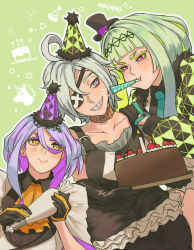 Rule 34 | 3girls, absurdres, ahoge, andrich galam, aqua necktie, birthday cake, blowing, cake, candle, collar, eyepatch, figue (soul hackers 2), food, gloves, green background, green hair, grey hair, grin, hair ornament, hat, highres, mini hat, multicolored hair, multiple girls, necktie, party hat, party horn, pastry bag, purple eyes, purple hair, ringo (soul hackers 2), short hair, short hair with long locks, smile, soul hackers 2, star (symbol), tatara (soul hackers 2), top hat, two-tone hair, unicorn, yellow necktie