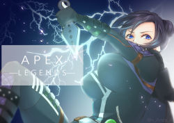 Rule 34 | 1girl, animification, anzu (x anzu ill), apex legends, artist name, black hair, blue eyes, bodysuit, breasts, copyright name, electricity, floating hair, hair behind ear, hair bun, highres, holding, holding knife, impossible bodysuit, impossible clothes, knife, kunai, looking to the side, medium breasts, single hair bun, solo, v-shaped eyebrows, weapon, wraith (apex legends)