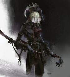 Rule 34 | 1girl, absurdres, belt, black coat, black gloves, black headwear, blonde hair, bloodborne, blue eyes, closed mouth, coat, dual wielding, gem, gloves, half-closed eyes, highres, holding, holding sword, holding weapon, lady maria of the astral clocktower, long hair, naomi baker, o-ring, patterned, patterned clothing, pink lips, ponytail, reverse grip, sheath, sheathed, signature, solo, sword, turtleneck, weapon