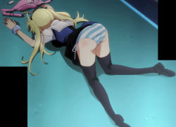 Rule 34 | 10s, 1girl, ass, back, blonde hair, grisaia (series), grisaia no kajitsu, highres, lying, matsushima michiru, panties, side-tie panties, solo, stitched, striped clothes, striped panties, thighhighs, third-party edit, twintails, underwear