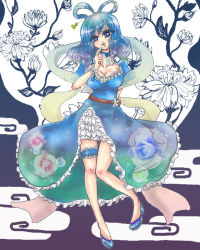 Rule 34 | 1girl, :q, amaya minchi, blue dress, blue eyes, blue footwear, blue hair, breasts, cleavage, collarbone, colored eyelashes, dress, eyelashes, finger to mouth, floral background, floral print, flower, frilled dress, frills, hair ornament, hair rings, hair stick, kaku seiga, large breasts, bridal garter, looking at viewer, matching hair/eyes, shawl, shoes, slippers, solo, thigh strap, tongue, tongue out, touhou, wrist cuffs