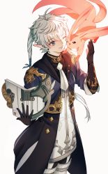 Rule 34 | 1boy, alphinaud leveilleur, animal, animal on shoulder, back, black gloves, blue eyes, book, closed mouth, coat, dama (sindygao), elbow gloves, final fantasy, final fantasy xiv, gloves, grey background, hand up, highres, holding, holding book, long hair, long sleeves, looking at another, male focus, multiple tails, necktie, one eye closed, pointy ears, ponytail, simple background, solo, standing, tail, white hair, white necktie