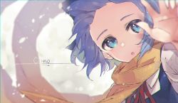 Rule 34 | 1girl, blue eyes, blue hair, blurry, blurry background, blurry foreground, character name, cirno, depth of field, face, forehead, grey background, highres, jacket, japanese clothes, long sleeves, looking at viewer, multicolored hair, o (crazyoton46), ribbon, scarf, short hair, simple background, solo, touhou
