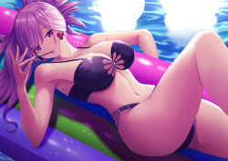 Rule 34 | 1girl, bikini, blue eyes, breasts, cleavage, commentary request, day, earrings, fate/grand order, fate (series), feet out of frame, food, fujifuji924, highres, jewelry, large breasts, lying, miyamoto musashi (fate), multi-strapped bikini, on back, outdoors, pink hair, pocky, ponytail, purple bikini, purple eyes, raft, solo, swimsuit, thighs, water