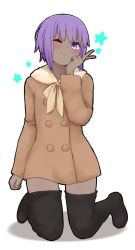 Rule 34 | 1girl, ;), black footwear, black thighhighs, blush, boots, bow, brown bow, brown jacket, closed mouth, dark-skinned female, dark skin, fate/prototype, fate/prototype: fragments of blue and silver, fate (series), full body, fur-trimmed jacket, fur trim, hand up, hassan of serenity (fate), highres, i.u.y, jacket, kneeling, long sleeves, one eye closed, purple eyes, purple hair, shaded face, smile, solo, star (symbol), thigh boots, thighhighs, white background