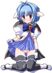 Rule 34 | 00s, 1girl, animal ears, blue hair, blush, clothes lift, cum, dress, dress lift, full body, galaxy angel, gloves, kneeling, knees together feet apart, looking at viewer, lying, mint blancmanche, panties, panty pull, puffy sleeves, pussy, short dress, short hair, simple background, skirt, skirt lift, solo, striped clothes, striped panties, tears, thighhighs, uncensored, underwear, white background, yellow eyes