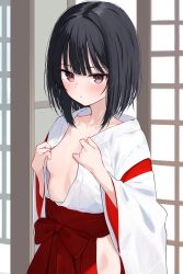 1girl absurdres blunt_bangs blush bob_cut breasts brown_eyes brown_hair closed_mouth commentary_request hakama hakama_skirt highres indoors japanese_clothes looking_at_viewer memekko miko original skirt small_breasts solo standing