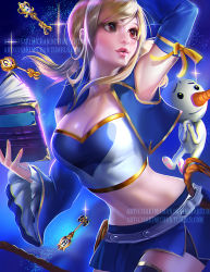 Rule 34 | 1girl, blonde hair, breasts, cleavage, cowboy shot, detached sleeves, fairy tail, heart, key, lucy heartfilia, midriff, navel, plue, ponytail, red eyes, sakimichan, sidelocks, snowman, sparkle, thighhighs, vest, watermark, web address, zettai ryouiki