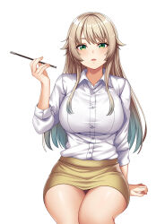 Rule 34 | 1girl, absurdres, blonde hair, breasts, collared shirt, dress shirt, green eyes, hand up, highres, holding, invisible chair, large breasts, long hair, long sleeves, looking at viewer, miniskirt, open mouth, original, pencil skirt, pointer, rifqiaji, shirt, shirt tucked in, simple background, sitting, skirt, solo, thighs, white background, white shirt, yellow skirt