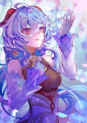Rule 34 | 1girl, absurdres, ahoge, bare shoulders, bell, blue hair, blush, bow, bowtie, breasts, detached sleeves, flower, ganyu (genshin impact), genshin impact, gold trim, hand on own chest, highres, horns, long hair, medium breasts, neck bell, no gloves, petals, purple eyes, rishixiyan, sidelocks, smile, solo, upper body, white sleeves