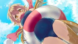 Rule 34 | 1girl, animal hands, artist request, breasts, claws, covered erect nipples, covered navel, from below, game cg, innertube, liza (monster musume), lizard tail, looking at viewer, medium breasts, monster girl, monster musume no iru nichijou, monster musume no iru nichijou online, official art, one-piece swimsuit, orange eyes, orange hair, pom pom (clothes), red scarf, reptile girl, scales, scarf, sideboob, sky, solo, swim ring, swimsuit, tail