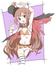 Rule 34 | 1girl, arm up, armpits, black hat, blush, bow, bowtie, bra, breasts, brown eyes, brown hair, cameltoe, cape, cosplay, fang, fujiwara tatsuroo, hat, highres, long hair, looking at viewer, navel, oomuro hanako, open mouth, orange bra, orange skirt, panties, purple background, red bow, red bowtie, simple background, skirt, small breasts, solo, striped clothes, striped thighhighs, thighhighs, tongue, top hat, two-tone background, underwear, v, wand, white background, white panties, yuru yuri