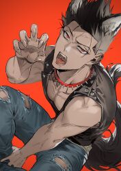Rule 34 | 1boy, absurdres, animal collar, animal ears, barou shouei, black hair, black vest, blue lock, bomber tarou, collar, denim, fingernails, highres, jeans, large pectorals, male focus, muscular, muscular male, open mouth, pants, pectorals, red background, red eyes, saliva, sharp fingernails, short hair, simple background, sitting, solo, tail, torn clothes, torn jeans, torn pants, vest, wolf boy, wolf ears, wolf tail