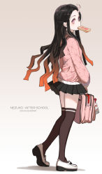 Rule 34 | 1girl, artist name, backpack, bag, bag charm, black hair, black skirt, blush, bread slice, brown hair, brown thighhighs, character name, charm (object), contemporary, dishwasher1910, food, food in mouth, forehead, from side, full body, gradient background, gradient hair, grey hair, hair ornament, hairclip, heel up, holding, holding bag, kamado nezuko, kimetsu no yaiba, long hair, long sleeves, looking at viewer, looking to the side, miniskirt, mouth hold, multicolored hair, orange hair, pink eyes, pink sweater, pleated skirt, shoes, skirt, solo, standing, sweater, thighhighs, toast, toast in mouth, very long hair, white footwear, zettai ryouiki