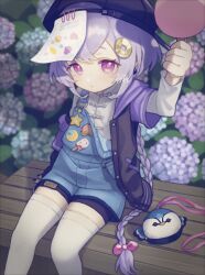 Rule 34 | 1girl, 750x077, arm support, arm up, artist name, backwards hat, baseball cap, bench, black hat, black jacket, black nails, blue flower, blue overalls, blue shorts, blurry, blurry background, blush, bow, bush, buttons, closed mouth, coin hair ornament, commentary, crossed bangs, earrings, expressionless, eyelashes, feet out of frame, fingernails, flower, food, fruit, genshin impact, hair between eyes, hair bow, hair ornament, hat, holding, holding food, holding popsicle, hood, hood down, hooded jacket, hydrangea, jacket, jewelry, layered sleeves, long hair, long sleeves, looking at viewer, nail polish, off shoulder, official alternate costume, on bench, open clothes, open jacket, overall shorts, overalls, paper, paper on head, paperclip, peach, pink bow, popsicle, purple eyes, purple flower, purple hair, purple sleeves, qiqi (genshin impact), qiqi (suibian) (genshin impact), shirt, short over long sleeves, short shorts, short sleeves, shorts, sidelocks, signature, sitting, solo, star (symbol), sticker, symbol-only commentary, thighhighs, very long hair, white shirt, white thighhighs