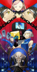 Rule 34 | 3boys, 5girls, argyle, bald, baseball cap, black hair, black jacket, black pants, blonde hair, blue gloves, blue hairband, blue headwear, blue neckwear, breasts, bug, butterfly, caroline (persona 5), chain, closed eyes, closed mouth, crossed legs, elizabeth (persona), eyepatch, facing viewer, formal, gloves, grin, hairband, hat, highres, igor (persona), insect, jacket, justine (persona 5), lavenza (persona 5), long hair, long nose, looking at viewer, margaret (persona), marie (persona 4), medium breasts, multiple boys, multiple girls, necktie, pants, persona, persona 3, persona 4, persona 4 the golden, persona 5, pointy ears, shirt, short hair, silver hair, sleeveless, sleeveless shirt, smile, swept bangs, television, tg01, theodore (persona), velvet room, white shirt, yellow eyes