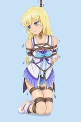 Rule 34 | 1girl, arms behind back, bdsm, blonde hair, blue background, blue eyes, bondage, bound, bound arms, bound legs, box tie, breasts, colette brunel, commentary request, crotch rope, detached sleeves, dress, femuto, full body, highres, jewelry, kneeling, legs together, long hair, looking away, official alternate costume, restrained, rope, shibari, short dress, simple background, skirt, small breasts, solo, tales of (series), tales of asteria, tales of symphonia