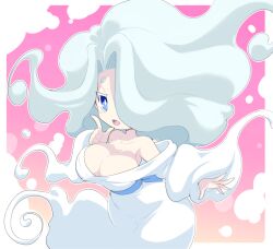 Rule 34 | 1girl, aqua hair, bare shoulders, blue eyes, blush, breasts, cleavage, enraenra (youkai watch), hair over one eye, japanese clothes, kimono, large breasts, long hair, monster girl, nollety, off shoulder, open mouth, solo, youkai watch