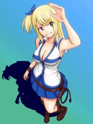 Rule 34 | 1girl, blonde hair, blue ribbon, blue skirt, breasts, brown eyes, cleavage, fairy tail, hair ribbon, highres, large breasts, looking at viewer, lucy heartfilia, pleated skirt, ribbon, shadow, shirt, shokushi yuu, skirt, sleeveless, smile, solo, white shirt