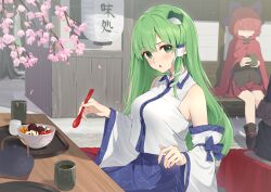Rule 34 | 1other, 2girls, anmitsu (dessert), bare shoulders, black footwear, black shirt, blue bow, blue skirt, blush, bow, cape, cherry blossoms, cup, detached sleeves, fingernails, food, frog hair ornament, fruit, green eyes, green hair, hair bow, hair ornament, hair tubes, highres, holding, holding cup, holding spoon, japanese clothes, kanpa (campagne 9), kochiya sanae, long hair, long sleeves, multiple girls, nontraditional miko, open mouth, outdoors, petals, red cape, red hair, red skirt, sekibanki, shirt, shoes, short hair, sitting, skirt, snake hair ornament, spoon, strawberry, touhou, white sleeves, wide sleeves, yunomi