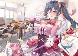 Rule 34 | 1girl, absurdres, ahoge, black hair, bow, bowtie, breasts, cleavage, closed mouth, collar, detached collar, detached sleeves, dress, frilled dress, frills, gloves, hair between eyes, hair bow, highres, holding, holding stick, indoors, large breasts, long hair, long sleeves, looking at viewer, magical girl, momoko (momopoco), narahashi elena, novel illustration, official art, one eye closed, side ponytail, smile, sparkle, stick, striped bow, tokidoki bosotto roshia-go de dereru tonari no arya-san, tongue, tongue out, v, white collar, white gloves