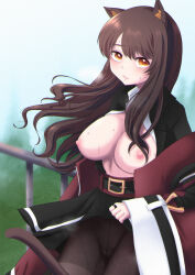 Rule 34 | 1girl, animal ear fluff, animal ears, arknights, belt, belt buckle, black pantyhose, black skirt, blush, breasts, breasts out, brown hair, buckle, cat ears, cat girl, cat tail, closed mouth, clothes lift, cowboy shot, highres, jewelry, large breasts, lifted by self, long hair, long sleeves, looking at viewer, mishima hisa, nipples, no bra, open clothes, open shirt, orange eyes, pantyhose, ring, shirt, skirt, skirt lift, skyfire (arknights), solo, steaming body, tail, white shirt