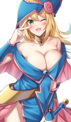 Rule 34 | 1girl, ;d, amagi korona, bare shoulders, blonde hair, blue hat, breasts, cleavage, collarbone, dark magician girl, duel monster, fingernails, hat, highres, large breasts, long hair, looking at viewer, off-shoulder shirt, off shoulder, one eye closed, open mouth, pentacle, shirt, simple background, smile, solo, v, white background, wizard hat, yu-gi-oh!, yu-gi-oh! duel monsters
