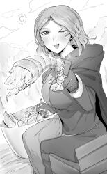 Rule 34 | 1girl, absurdres, blush, breasts, cloak, cloud, cooking, crayfish, crustacean, dress, elden ring, facial tattoo, food, forest, gloves, greyscale, highres, holding, holding food, hood, hood down, hooded cloak, incoming food, large breasts, medium breasts, medium hair, melina (elden ring), monochrome, nature, niwarhythm, one eye closed, open mouth, outdoors, short hair, shrimp, sitting, smile, solo, sun, tattoo, tree