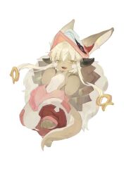 Rule 34 | 1other, absurdres, animal ears, brown fur, brown tail, fang, full body, furry, grey hair, grey pants, hands up, helmet, highres, horizontal pupils, looking at viewer, made in abyss, nanachi (made in abyss), open mouth, other focus, pants, pink pants, puffy pants, red pants, short hair, simple background, solo, topless, wangyang bo yang, whiskers, white background, yellow eyes