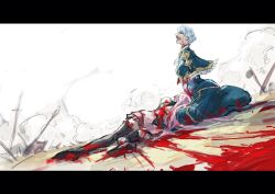 Rule 34 | 2girls, axe, bad end, black footwear, blood, blood on clothes, blood on face, blue capelet, blue dress, blue gloves, blue hair, boots, capelet, closed eyes, crying, death, dress, fire emblem, fire emblem: three houses, gloves, highres, hilda valentine goneril, letterboxed, long hair, long skirt, lying, lying on person, marianne von edmund, multiple girls, nintendo, ogata tomio, on ground, open mouth, pink hair, pink skirt, profile, sad, short hair, sitting, skirt, sword, tears, war, weapon