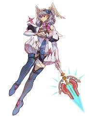 Rule 34 | 1girl, artist name, blue footwear, blue hairband, boots, bow, curly hair, full body, grey hair, hairband, head wings, holding, holding staff, looking at viewer, manreeree, melia antiqua, pink bow, puffy short sleeves, puffy sleeves, short sleeves, solo, staff, thigh boots, white background, wings, xenoblade chronicles: future connected, xenoblade chronicles (series), xenoblade chronicles 1